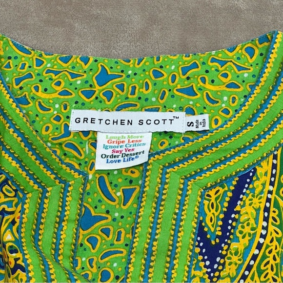 Gretchen Scott Top Tunic Green Geometric V-Neck Pullover Artsy Colorful Small - Picture 3 of 8